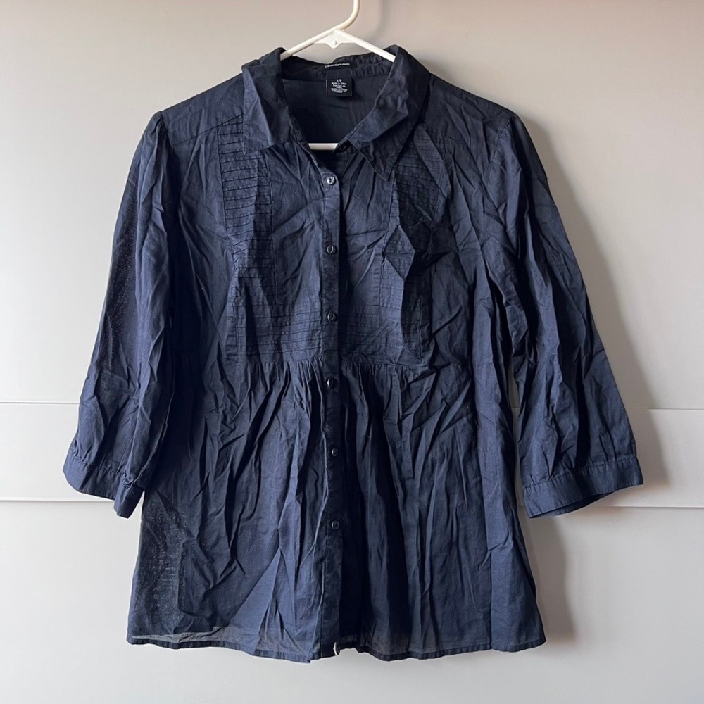 Calvin Klein Jeans Womens Black Pintuck Pleated Button Up Top‎ Shirt Size Large